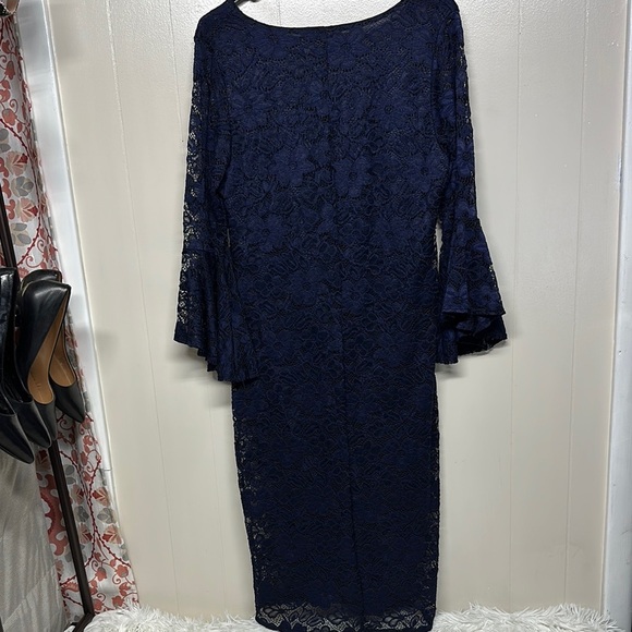 Olivia Matthews Blue Sheath Dress with Bell Sleeves and Lace - Picture 6 of 9